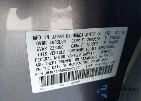 2006 Acura Rl 3.5 from USA, damaged, VIN JH4KB16586C007277